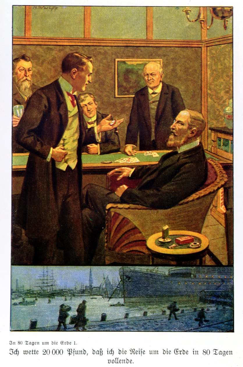 Phileas Fogg tager væddemålet i Reform Club om, at han kan rejse jorden rundt på 80 dage, illustration fra en udgave udgivet i Berlin af Max Wulff