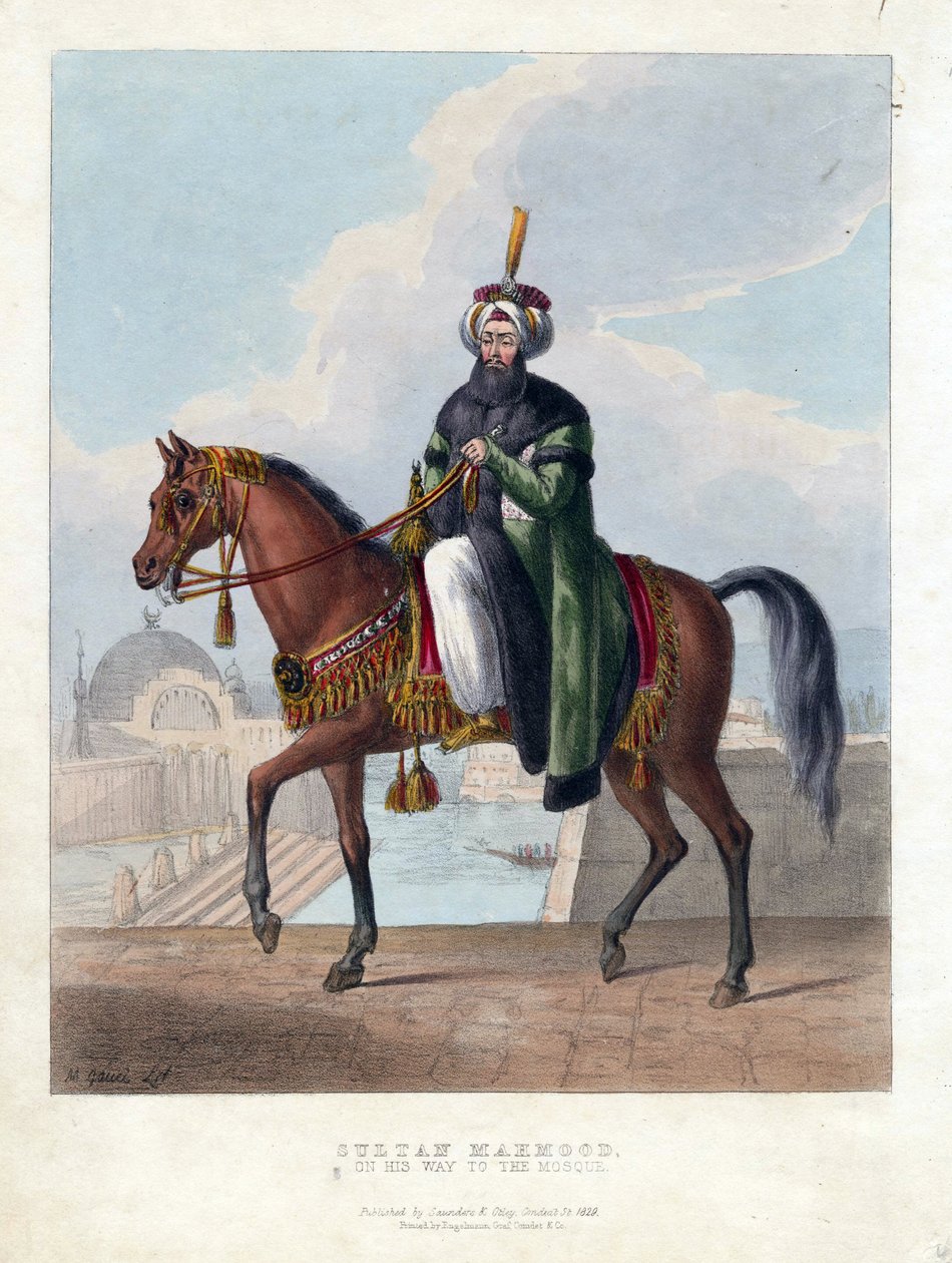 Portræt af Mahmud II (1785-1839) (Mahmoud II), Sultan af Det Osmanniske Rige - Oeuvre de M. Gauci (aktivt 1800-tal) - 1829 - Farvelitografi - 26x20 - Privat samling af Maxim Gauci