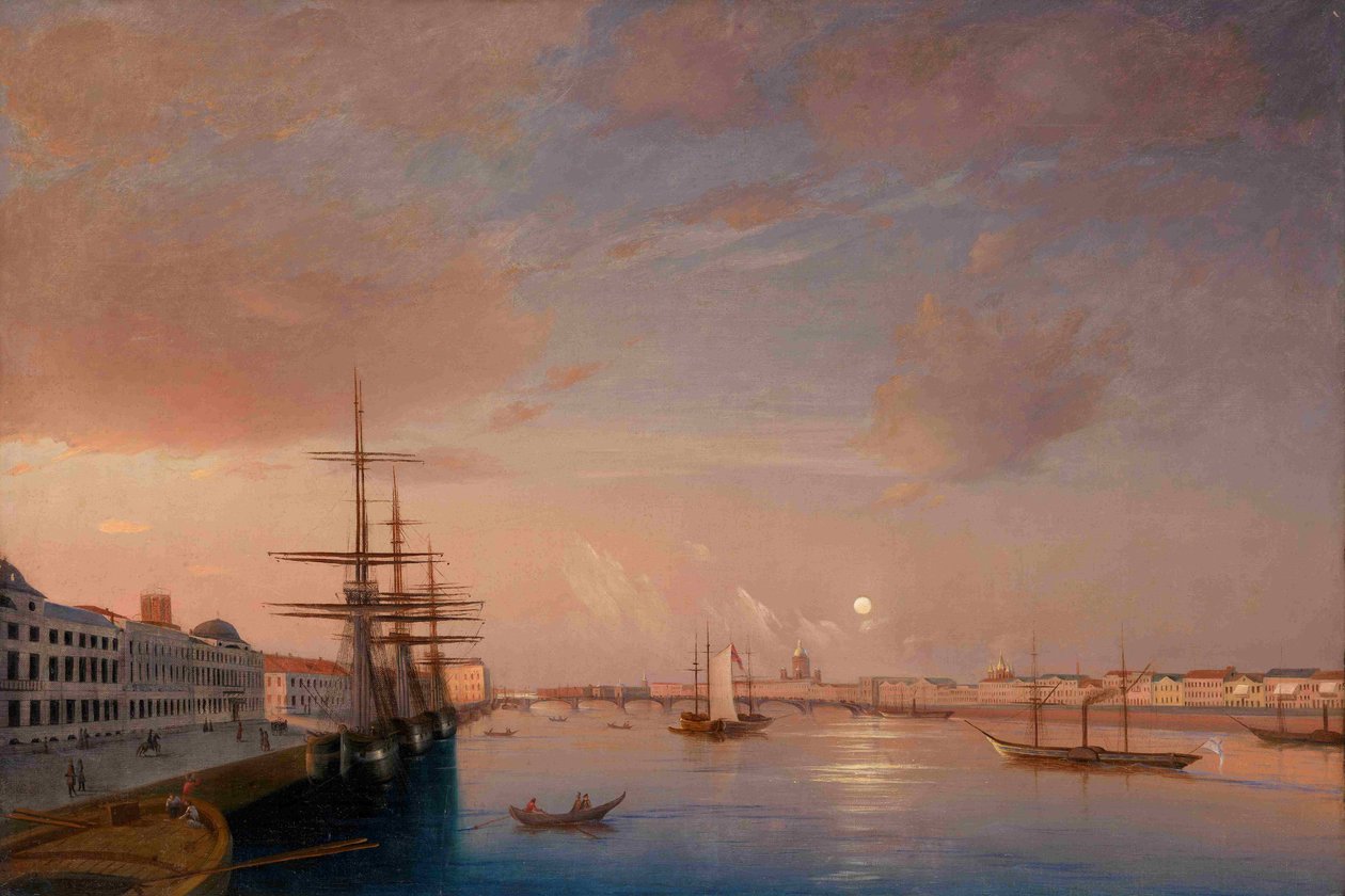 Udsigt over Blagoveshchensky Annunciation Bridge og Nikolaevskaya Embankment, ca 1852 af Maxim Nikiphorovich Vorobyev