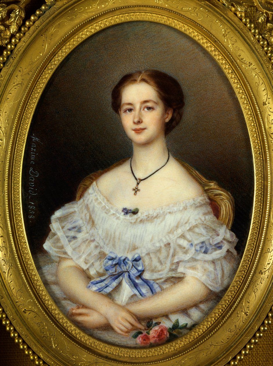 Portræt af kvinde med blåt bånd Maleri af Maxime David (1800-tallet) 1858 Paris, Dekorativ kunst. af Maxime David