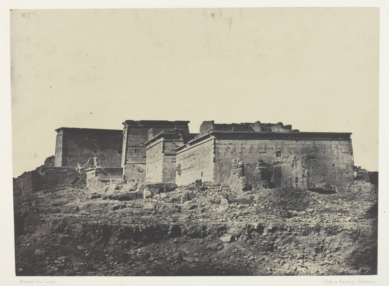 Det store Isis-tempel i Philoe, generel udsigt fra nord; Nubien, plade 80 fra albummet "Egypte, Nubie, Palestine et Syrie" (1852) af Maxime Du Camp