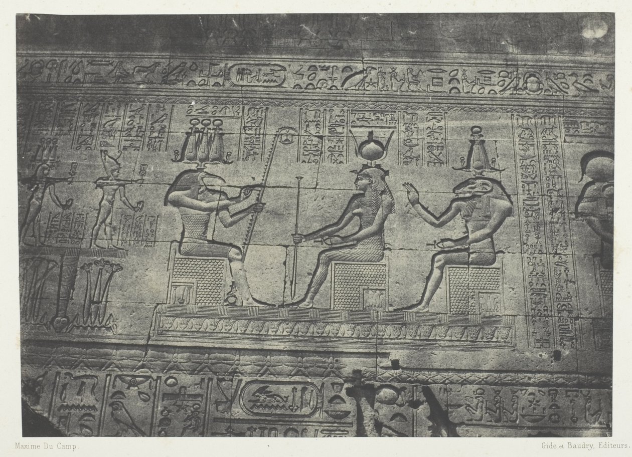 Det store tempel i Denderah (Teutyres), skulpturer fra den bageste facade; Øvre Egypten, planche 19 fra albummet "Egypte, Nubie, Palestine et Syrie" (1852) af Maxime Du Camp