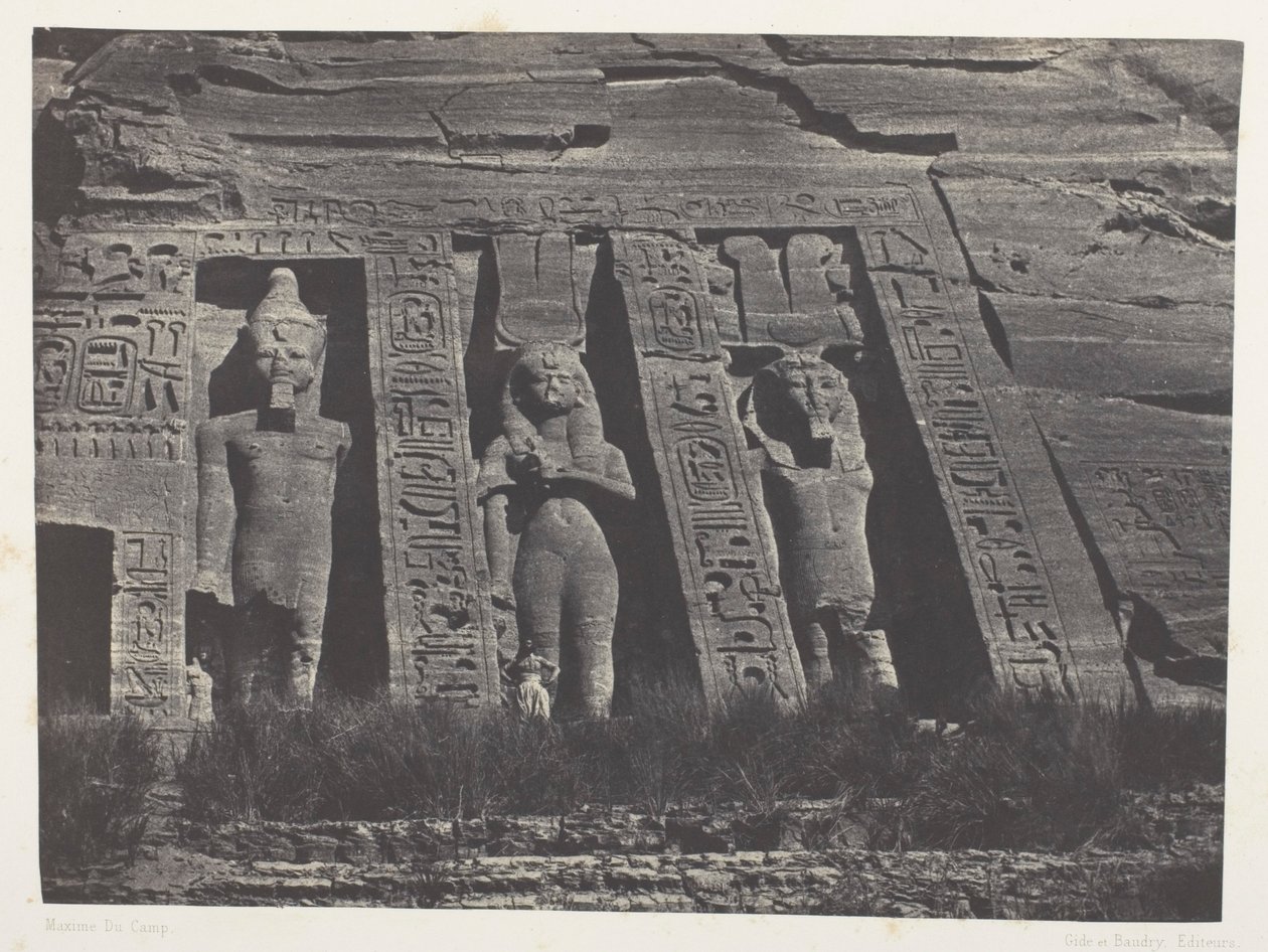 Ibsamboul, den nordlige del af Hathors speos; Nubien, planche 108 fra albummet «Egypten, Nubien, Palæstina og Syrien» (1852) af Maxime Du Camp