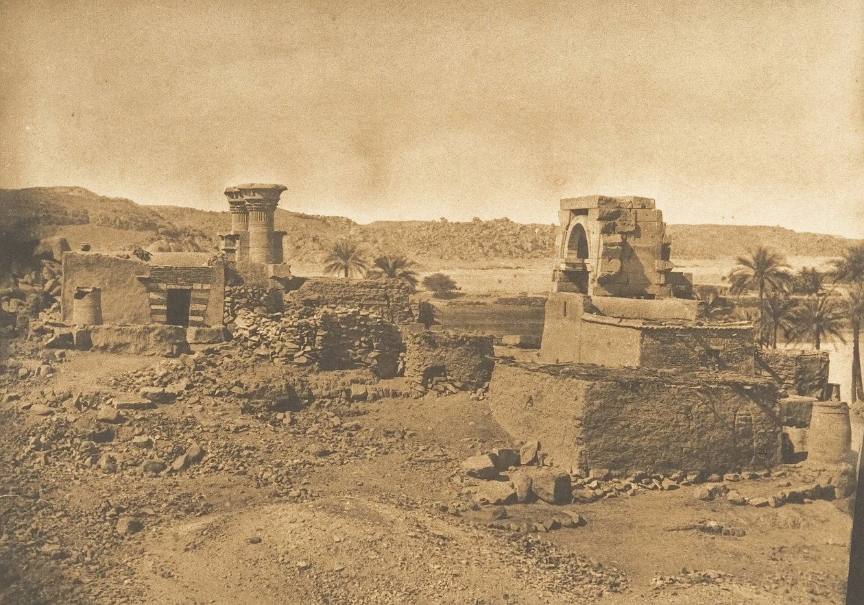 Ruinerne og landsbyen Begueh, en lille ø vest for Philae, 11. april 1850. af Maxime Du Camp
