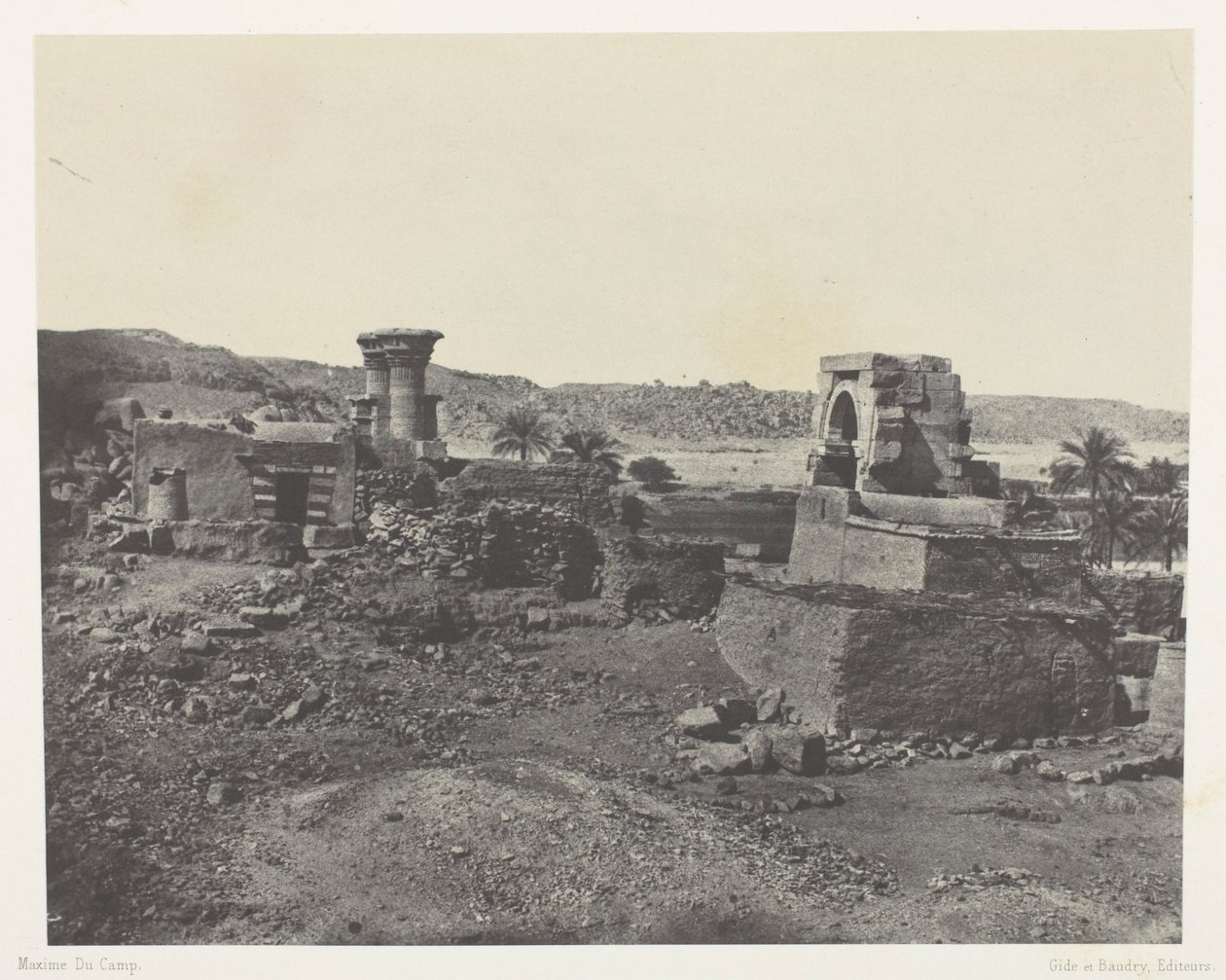 Landsby og tempel på øen Beghé, vest for Philoe; Nubien, plade 81 fra albummet "Egypte, Nubie, Palestine et Syrie" (1852) af Maxime Du Camp