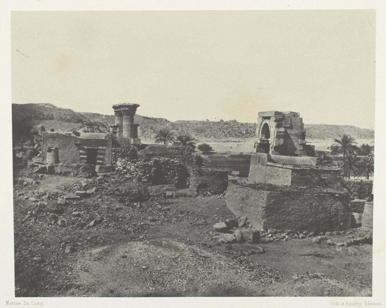 Landsby og tempel på øen Beghé, vest for Philoe; Nubien, plade 81 fra albummet "Egypte, Nubie, Palestine et Syrie" (1852) af Maxime Du Camp