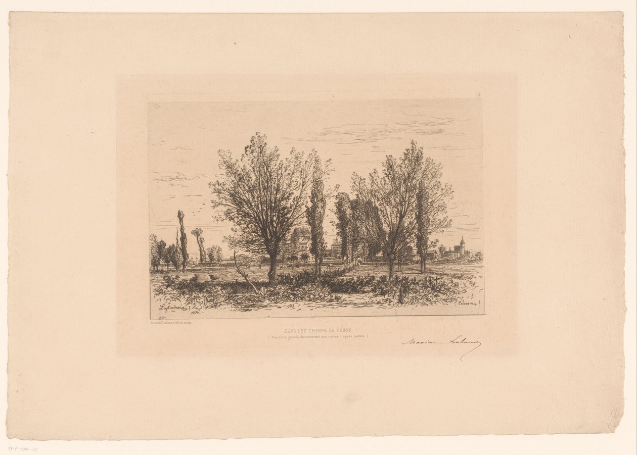 Landskab med eng og udsigt over en by Dans les champs de Cenon. (titel på objekt) af Maxime François Antoine Lalanne (signed by artist)