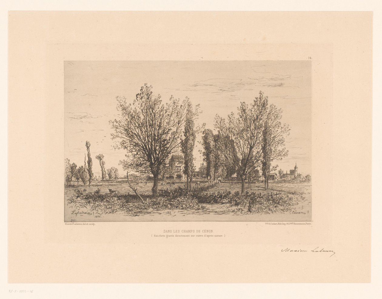 Landskab med eng og udsigt over en by Dans les champs de Cenon. (titel på objekt) af Maxime François Antoine Lalanne (signed by artist)