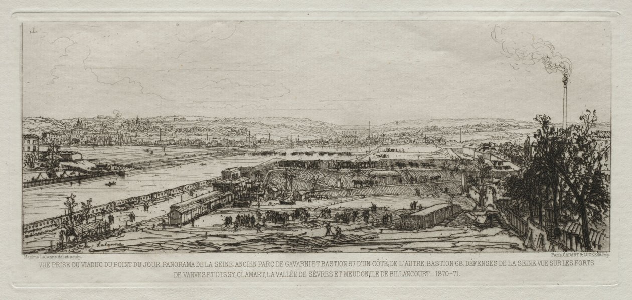 Kunstneriske minder om belejringen af ​​Paris: Udsigt taget fra Pont-du-Jour-viadukten..., 1870-71. af Maxime Lalanne