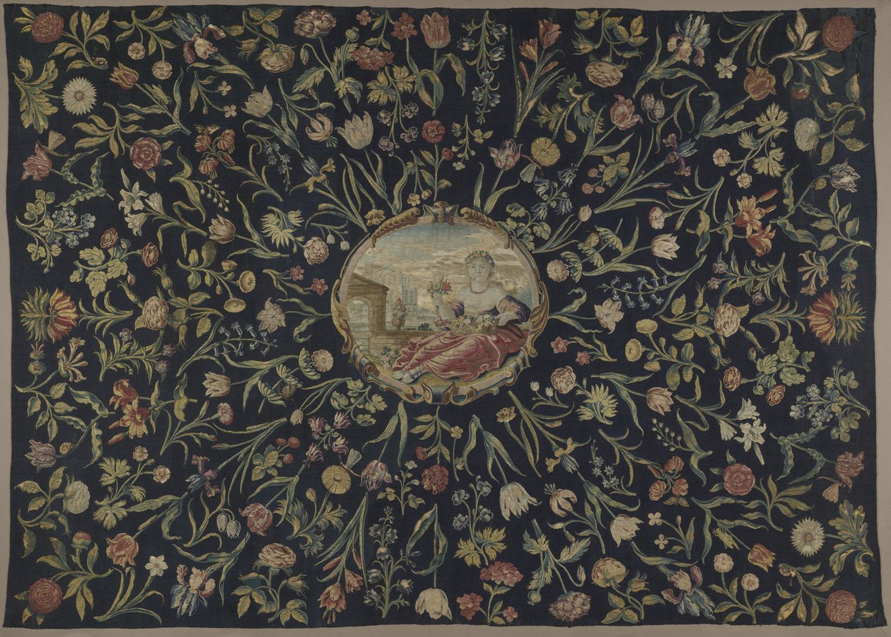 borddækning Dug med personificeringen af ​​Flora og et blomstermønster af Maximiliaan van der Gucht (possibly)
