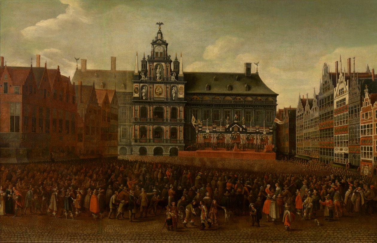 Proklamationen af freden i Münster på Grote Markt i Antwerpen af Maximiliaen Pauwels