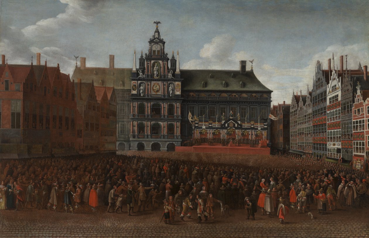 Proklamationen af freden i Münster på Grote Markt i Antwerpen af Maximiliaen Pauwels
