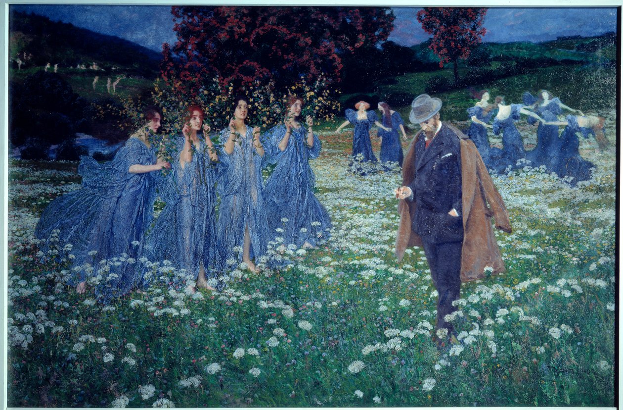 Reverie, en verden drømmelignende landskab, en mand krydser en mark folk af gebyrer. Maleri af Maximilian Lenz (1860-1948) af Maximilian Lenz