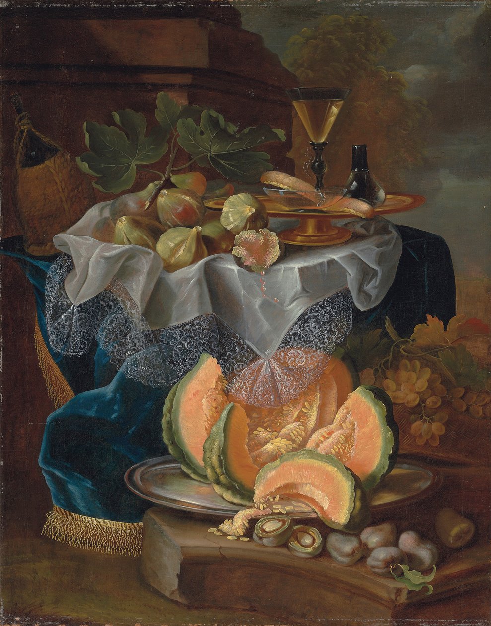 Figner, en forgyldt tazza med et facon-de-venise vinglas, på et draperet bord, en skåret melon på et tinfad med blommer på en sokkel af Maximilian Pfeiler or Pfeiller