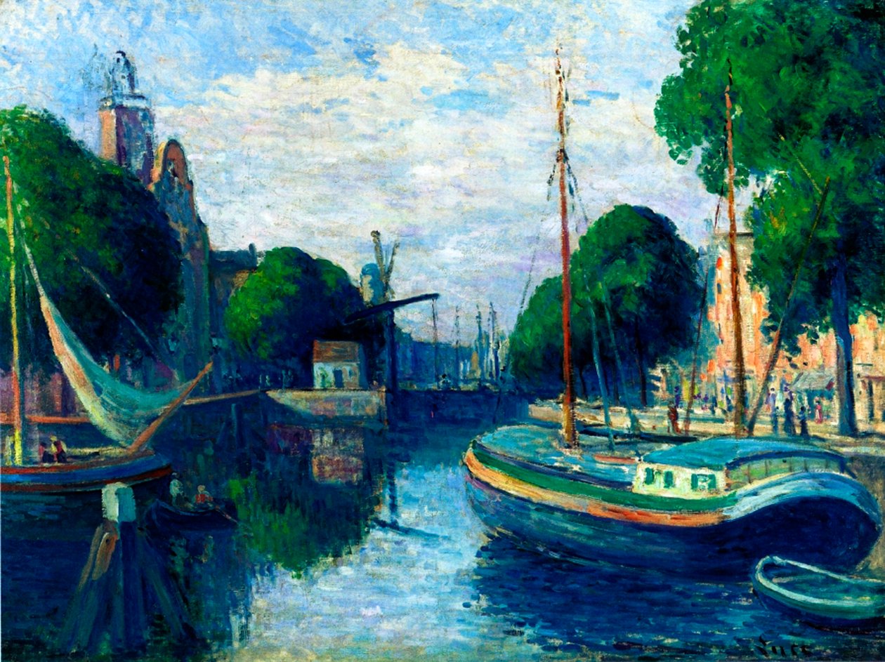 Pramme på en kanal ved Rotterdam, 1908 af Maximilien Luce