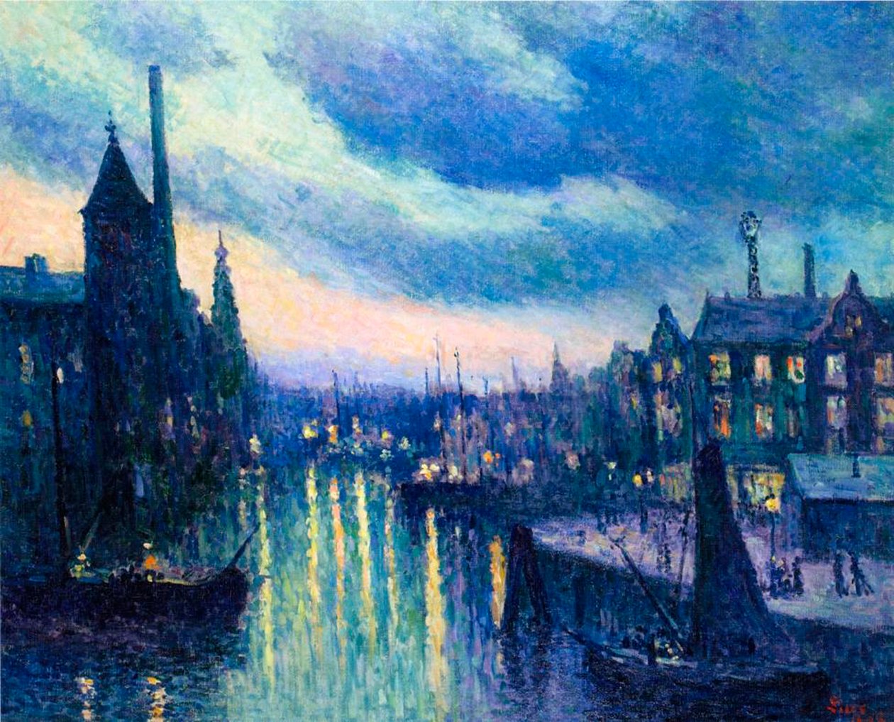 Havnen i Rotterdam om natten, 1908 af Maximilien Luce