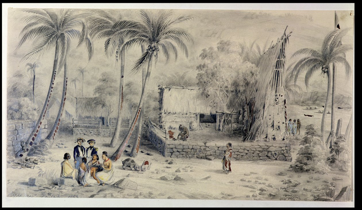 Indfødt landsby i Tahiti, ca. 1841-48 (wc, blyant og blæk på papir) af Maximilien Radiguet