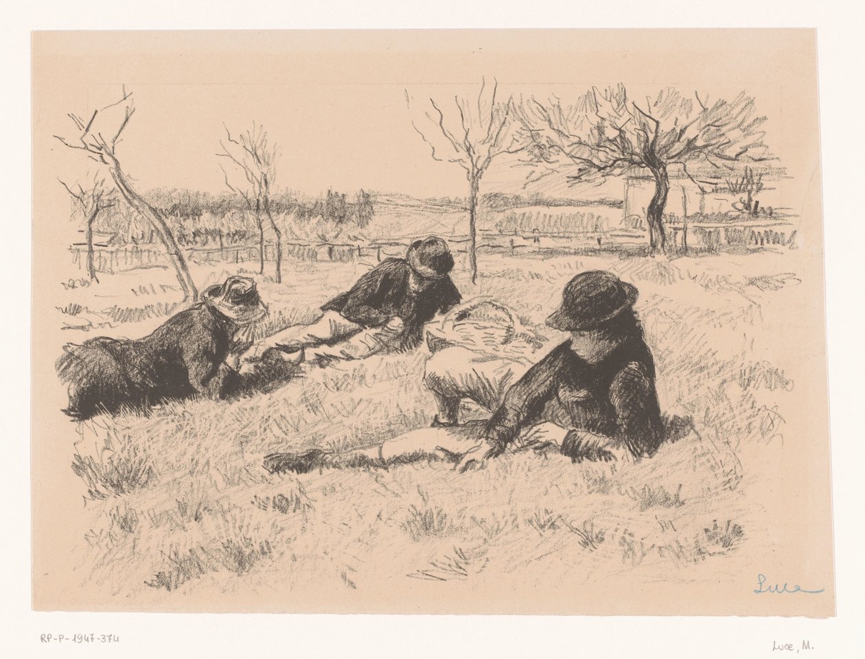 Tre mænd hviler på en eng af Maximilien Luce (signed by artist)