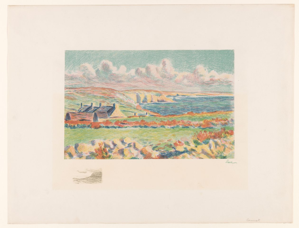 Kystlandskab med huse Camaret (original titel) af Maximilien Luce (signed by artist)