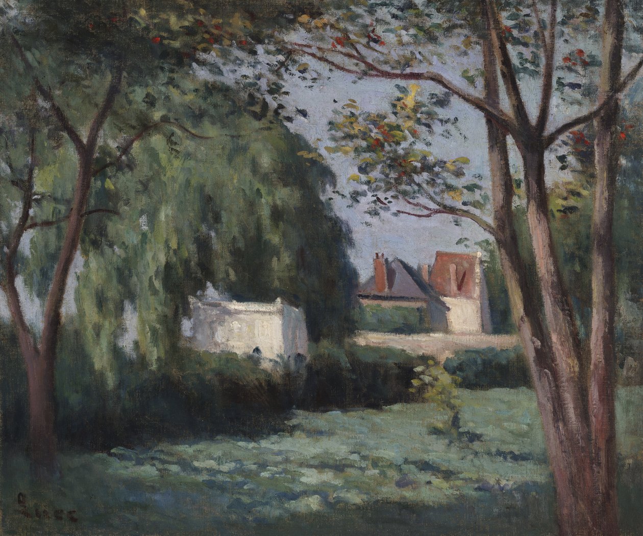 Landscene med tre huse og træer, ca. 1900 af Maximilien Luce
