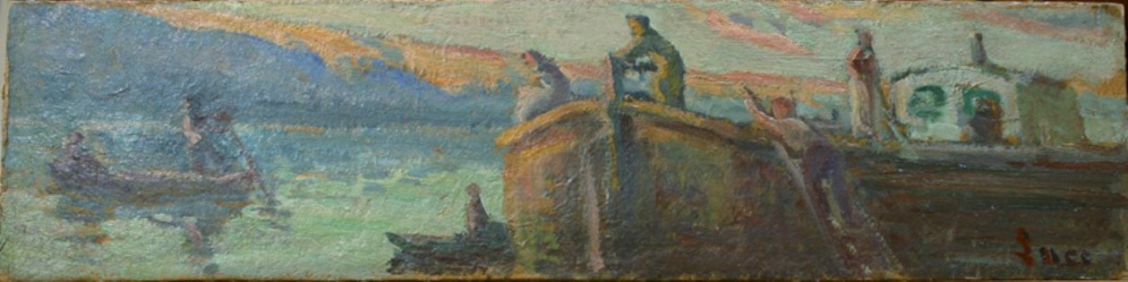Flodlandskab med pram og både af Maximilien Luce