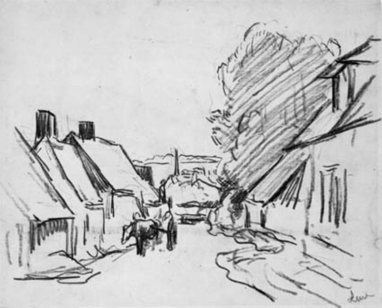 Landsbygade med hestevogn. Éragny-sur-Epte (?) af Maximilien Luce