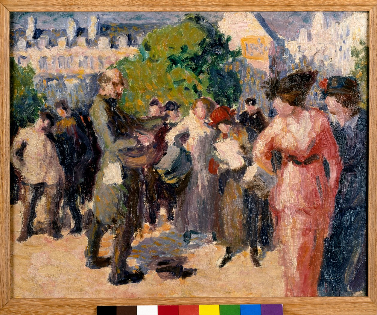 Gadebillede. En tigger med en drejelire spiller i en have i Paris. Maleri af Maximilien Luce (1858-1941). Olie på lærred. Privat samling af Maximilien Luce