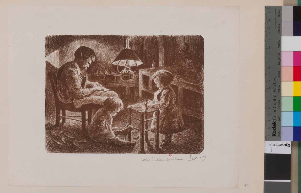 Interiørscene under lampen af Maximilien Luce