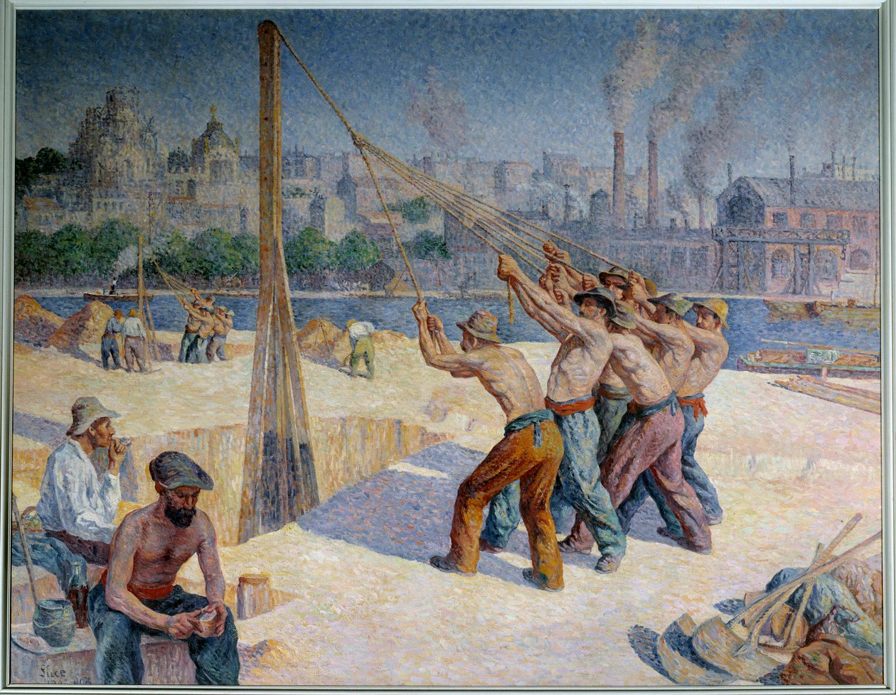 Stavtrommeslagere på Quai de la Seine ved Billancourt Maleri af Maximilien Luce (1858-1941) 1903 Dim. 1,53 x 1,95 m. Paris, Musee d