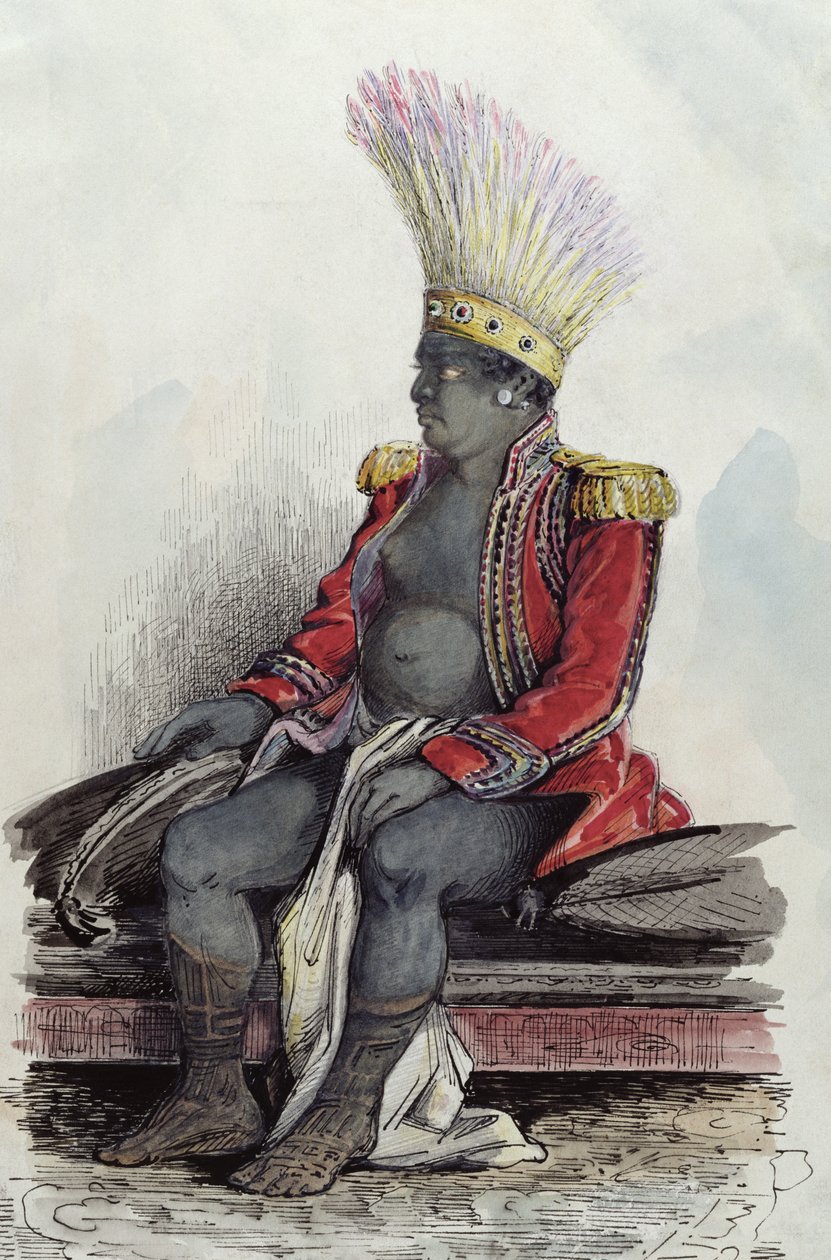Kong Te Moana på øen Nuku-Hiva klædt i uniform af en fransk oberst, ca. 1841-48 (pen, blæk og wc på papir) af Maximilien Radiguet