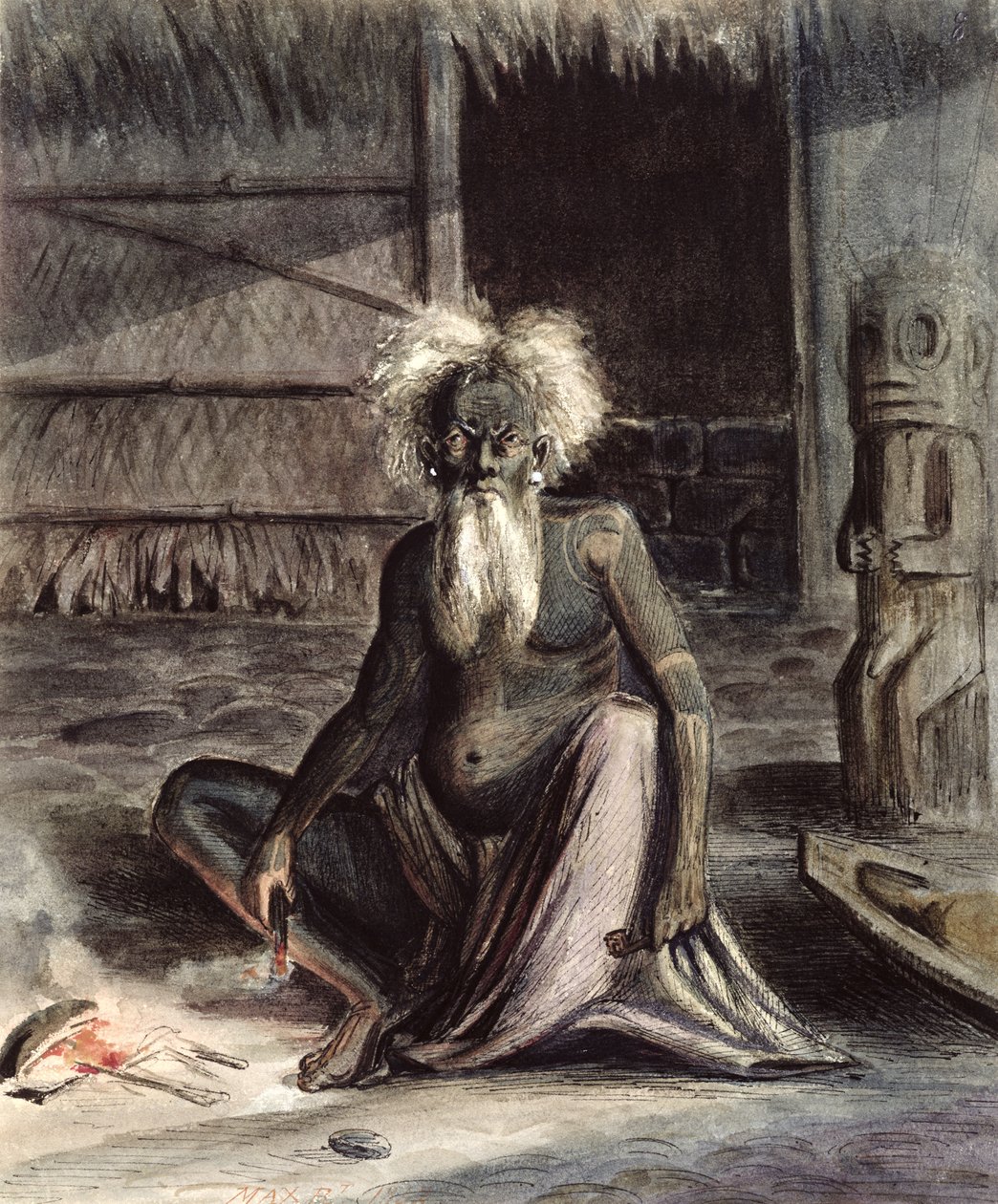 Gammel mand fra Tahiti siddende nær en Tiki, ca. 1841-48 (pen og blæk og wc på papir) af Maximilien Radiguet