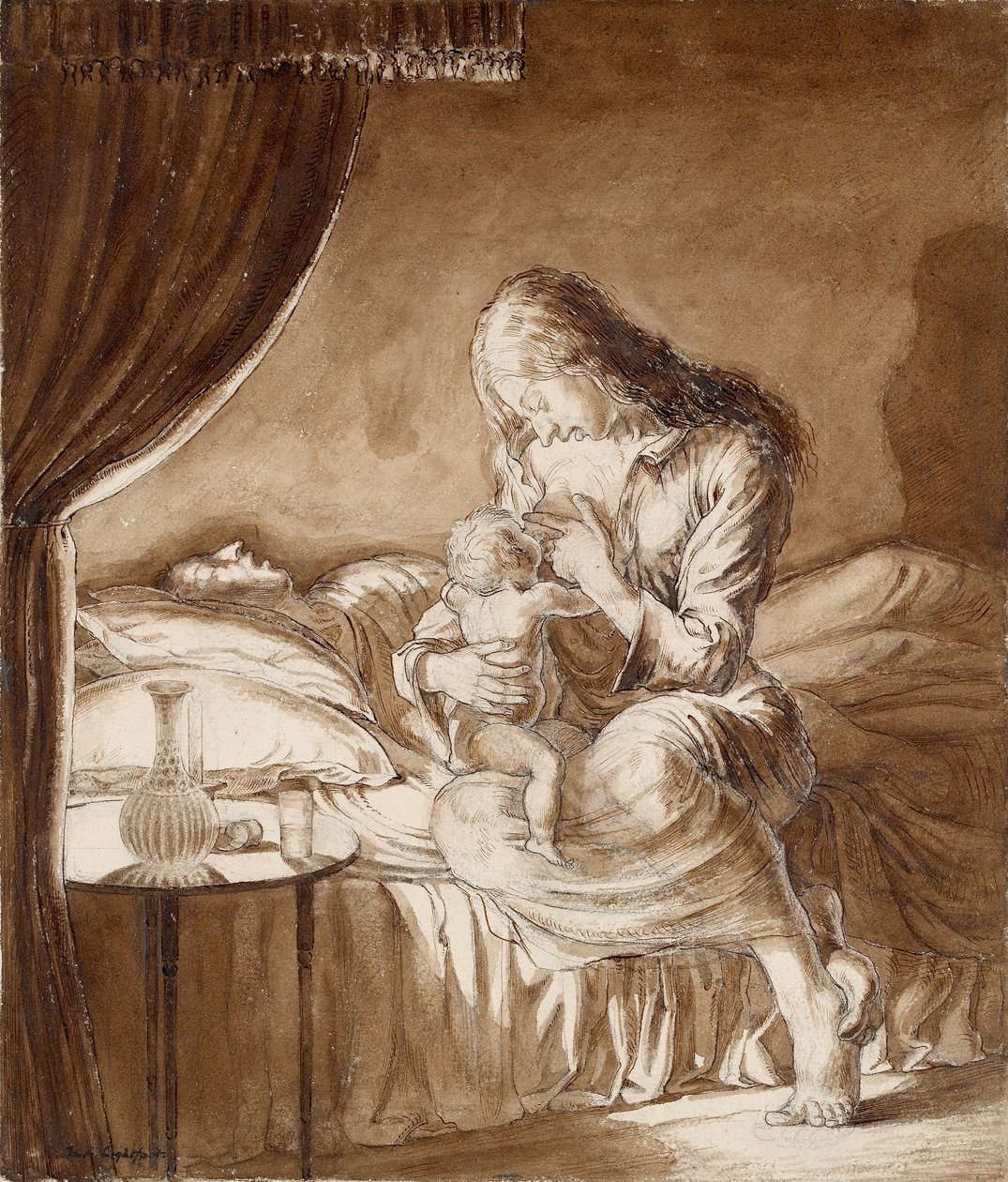 Natscene - Kvinde fodrer sit barn, c1900-tallet af Maxwell Gordon Lightfoot