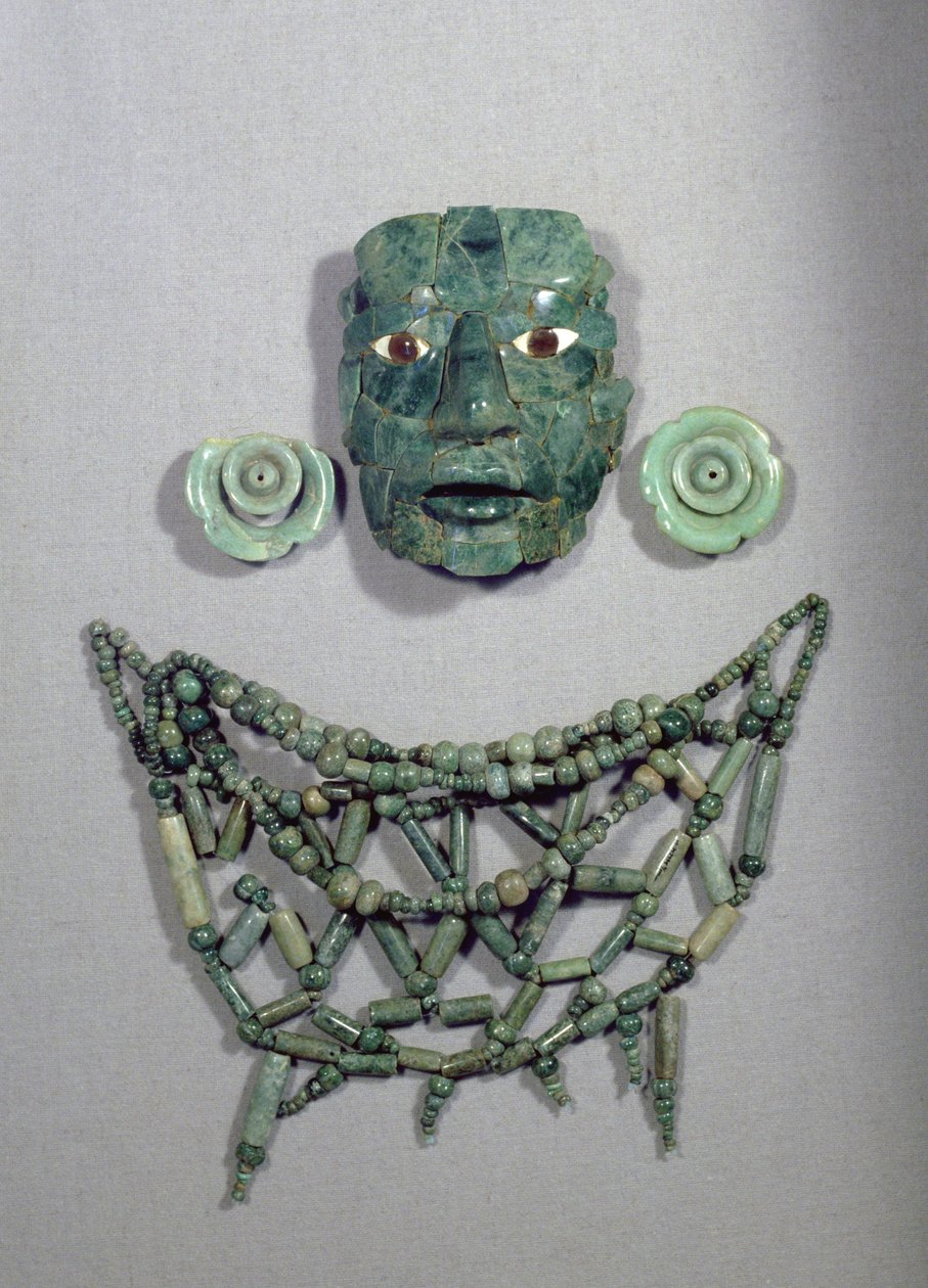 Calakmul begravelsesmaske med krave og øreringe, Yucatan-halvøen, Mexico Late Classic Period (600-900 AD) (jade) af Mayan