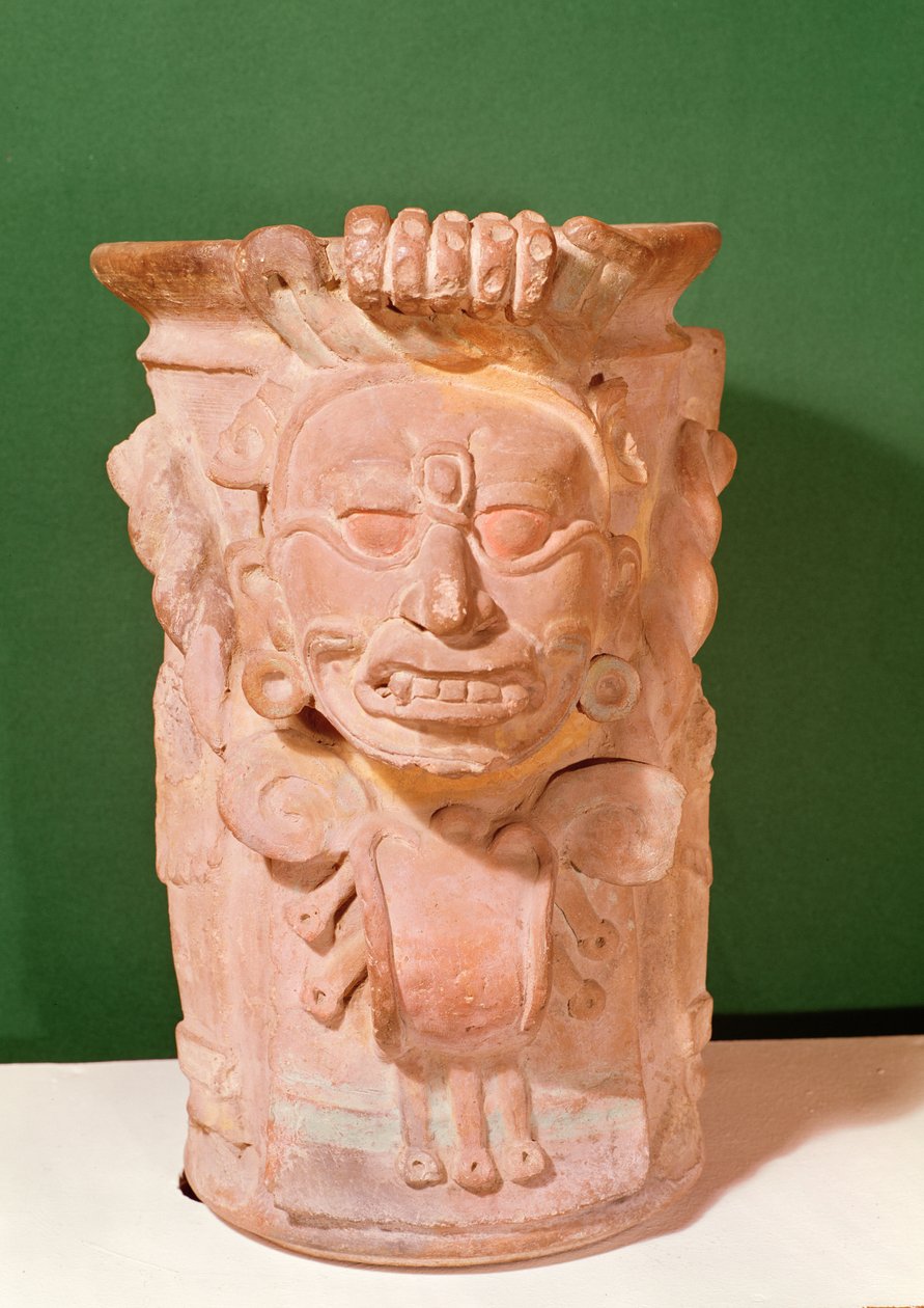 Cylindrisk vase med hovedet af en solgud, klassisk periode, 7.-10. århundrede (terracotta) af Mayan