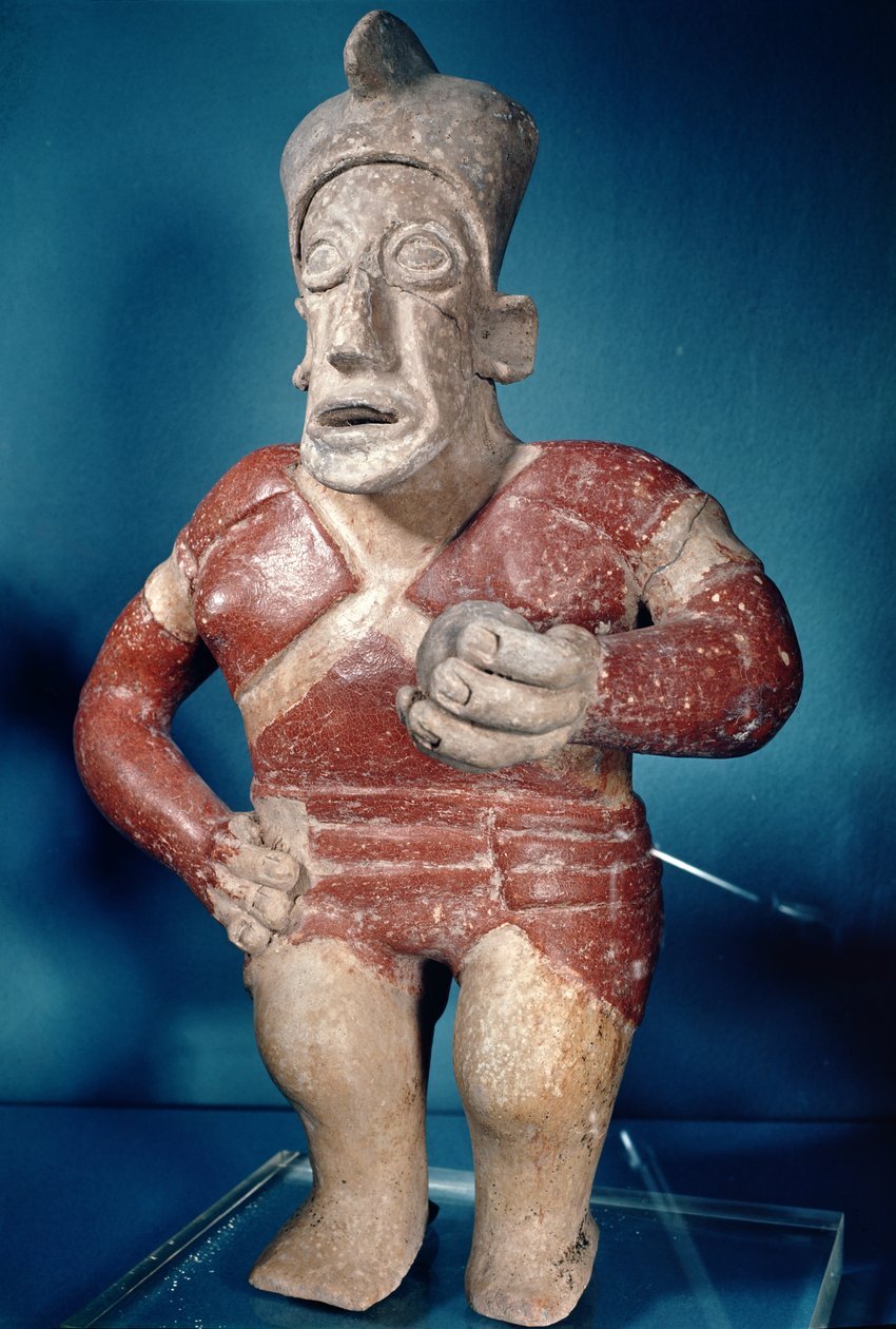 Figur af en tlachtli-spiller iført hjelm, fra Jalisco, Classic Period, 400-700 af Mayan