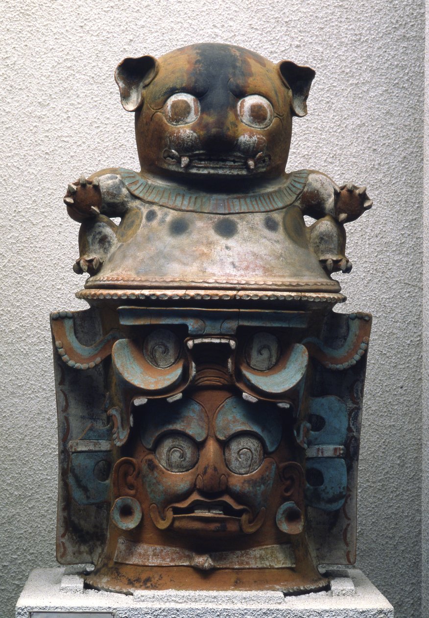 Ixil begravelsesurne med kattelåg, Nebaj, Guatemala, Late Classic Period (900-1200) (polykrom lertøj) (se også 238288) af Mayan