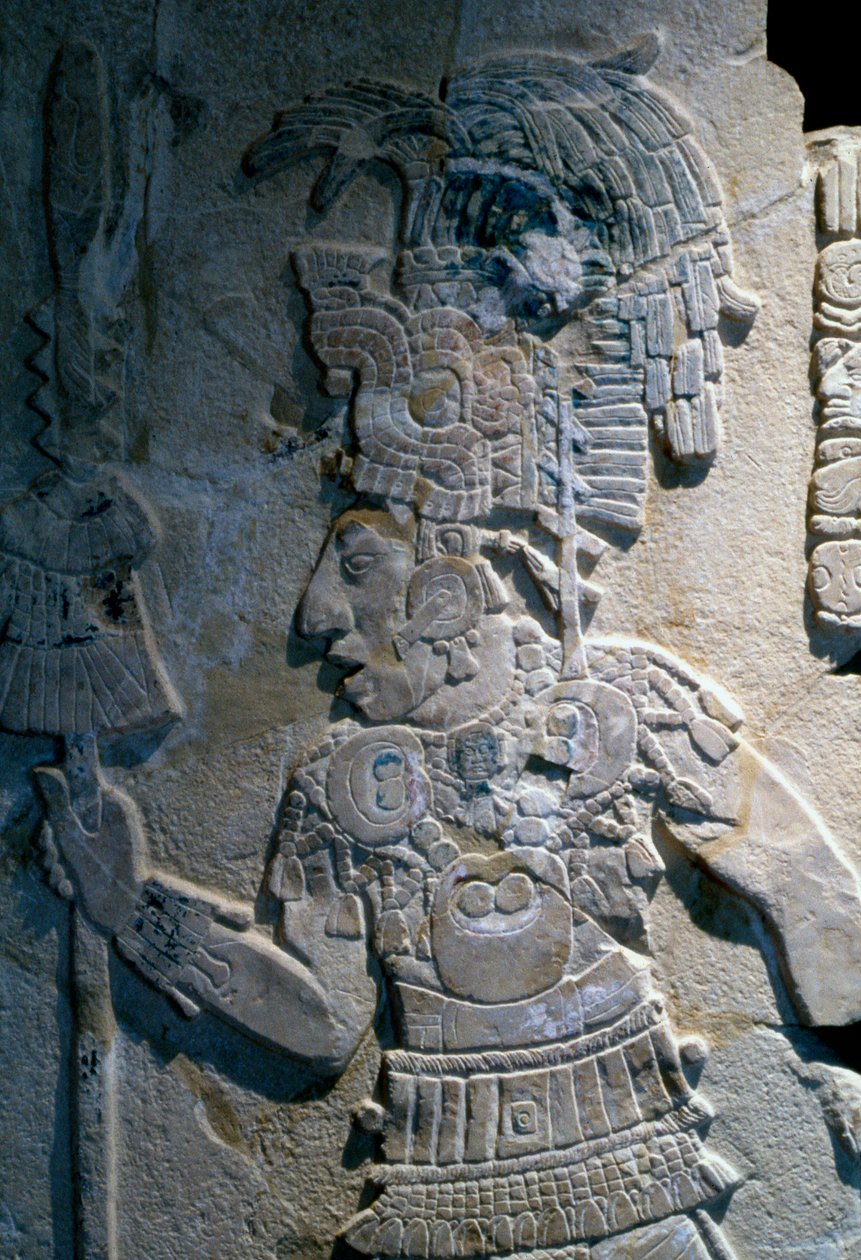 Lavt relief, der viser Capture of Bolon Yoop af Kan Bahlam II, fra Temple XVII, Palenque, 695 AD af Mayan