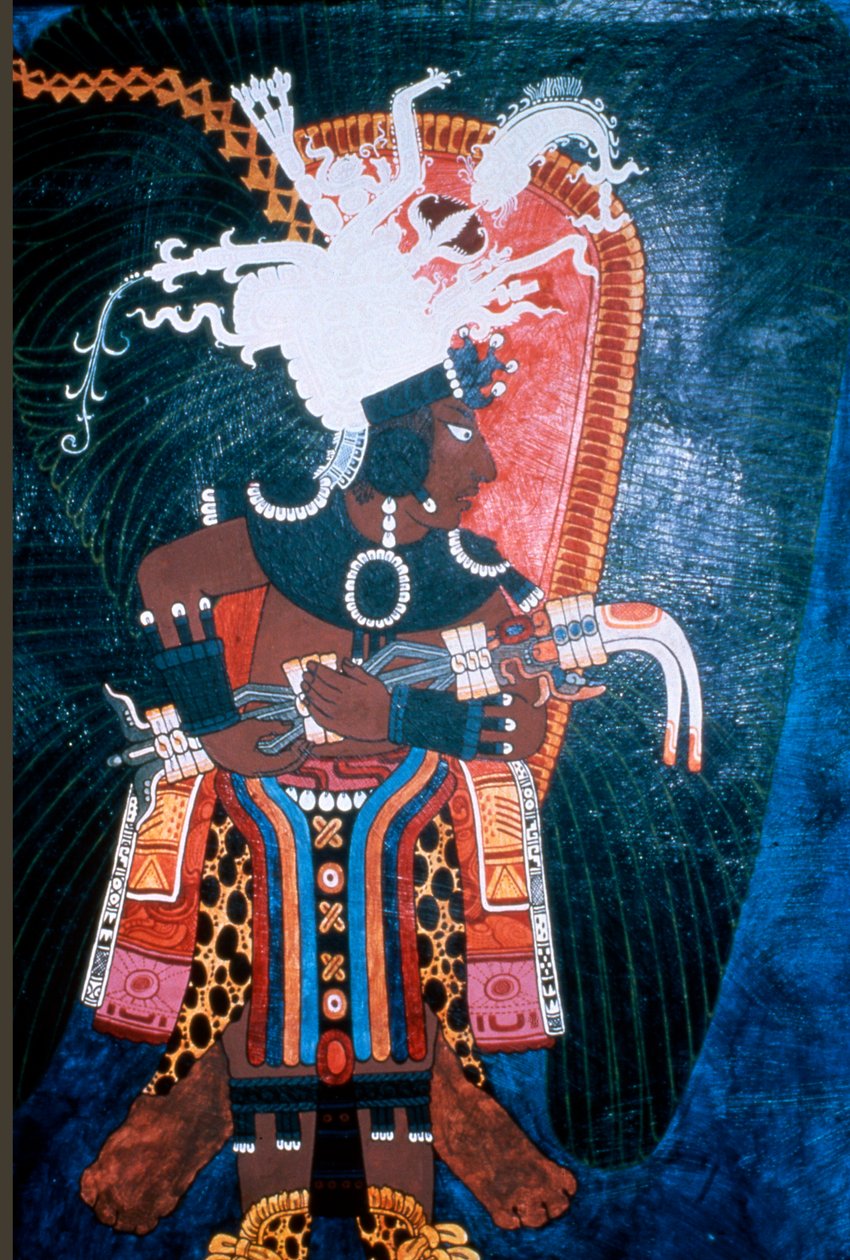 Gengivelse af et vægmaleri, der viser en lineal klædt på til en ceremoni, fra vægmaleritemplet, Bonampak (vægmaleri) af Mayan
