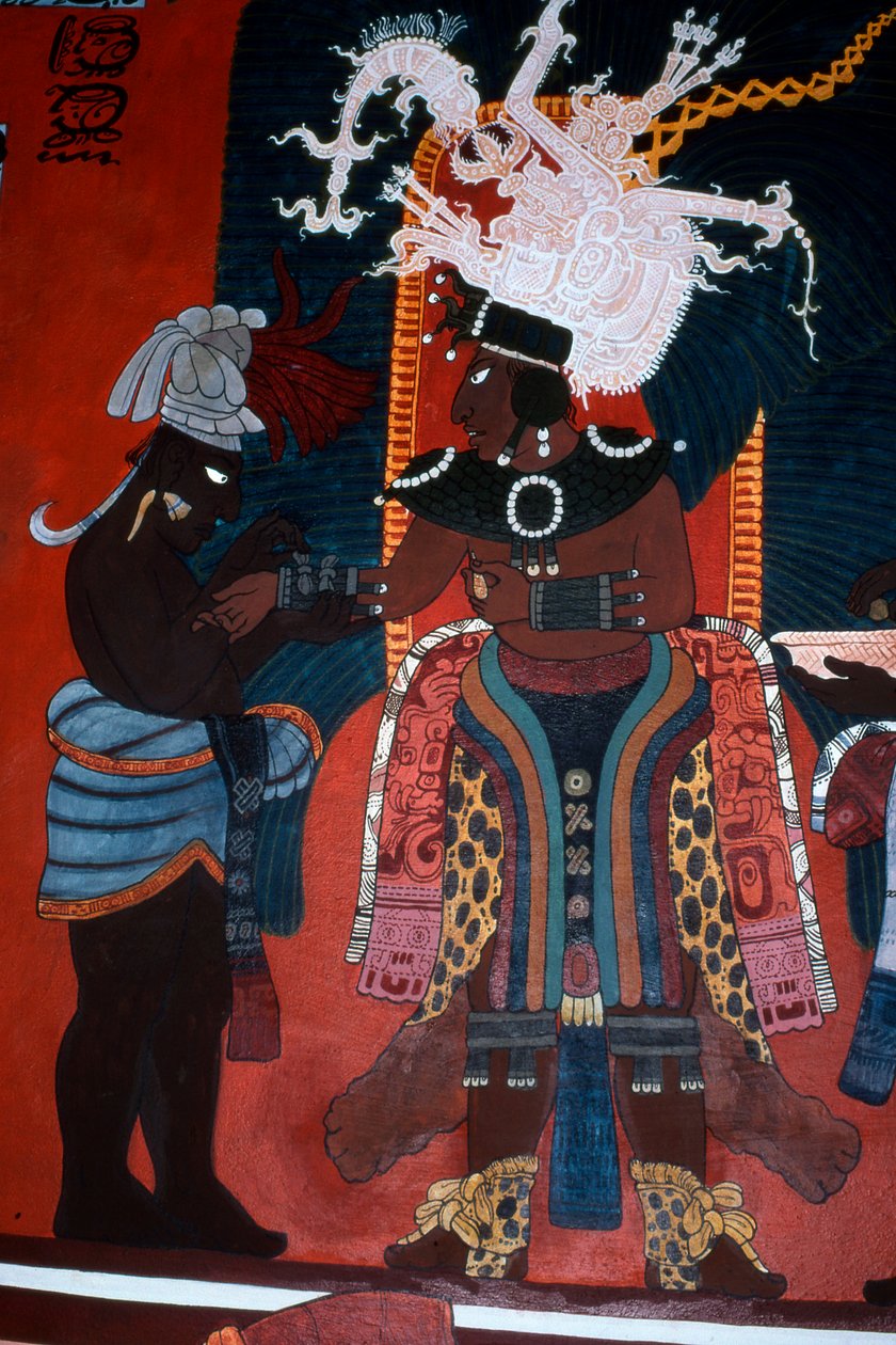 Reproduktion af et vægmaleri, der viser en tjener, der klæder en hersker på til en ceremoni, fra Temple of Murals, Bonampak (vægmaleri) af Mayan
