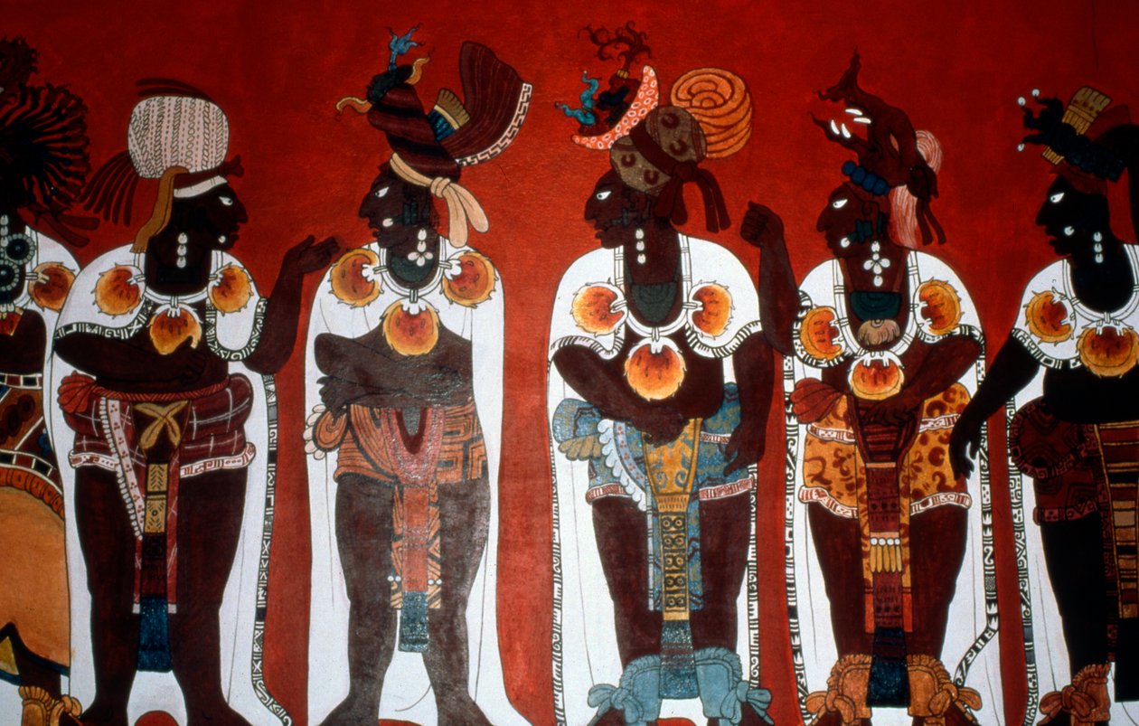 Reproduktion af et vægmaleri, der viser ædle mænd klædt til en ceremoni, fra vægmaleriets tempel, Bonampak (vægmaleri) af Mayan