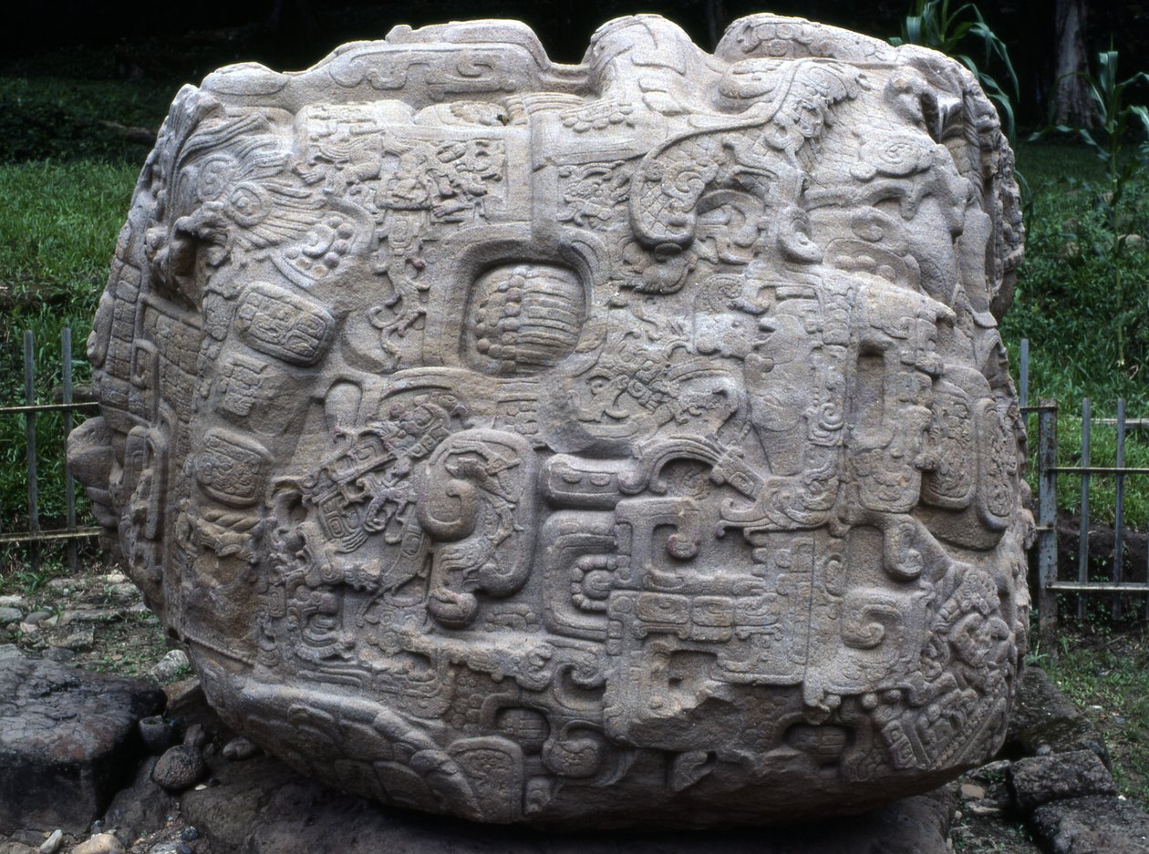 Sidebillede af zoomorf sten P, sen klassisk periode (600-900 e.Kr.) af Mayan