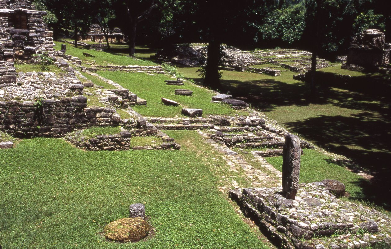 Udsigt over Yaxchilan-stedet, sen klassisk periode 600-900 e.Kr af Mayan