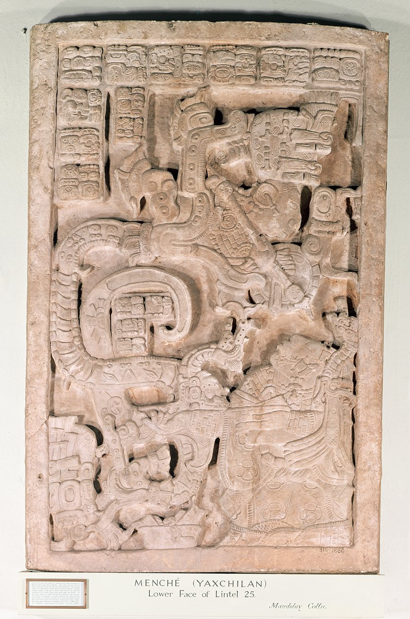 Yaxchilan overligger 25, sen klassisk periode, 600-900 e.Kr. (kalksten) af Mayan