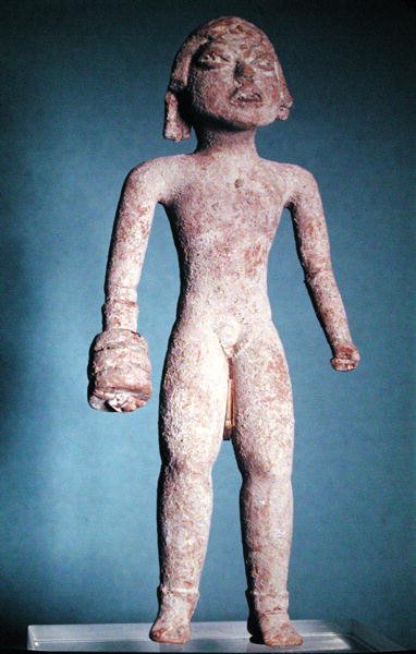 Figur af en tlachtli-spiller med en hanske på højre hånd, fra Mexico, præ-klassisk periode, 1300-800 f.Kr. af Mayan