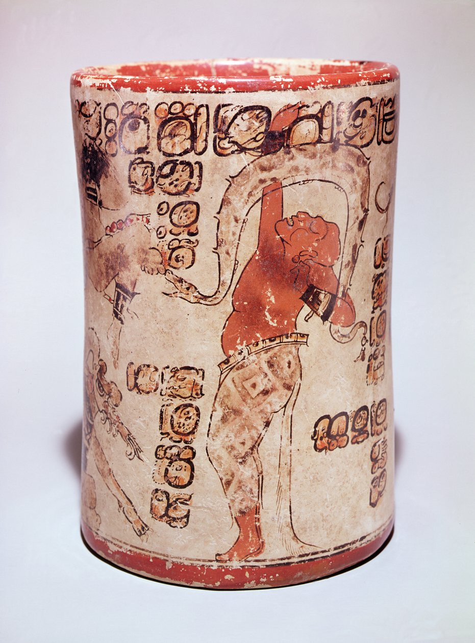 Krukke, der forestiller en mand, der danser med en slange, fundet i en grav ved Altar de Sacrificios, Classic Maya (keramik) (se også 351822) af Mayan
