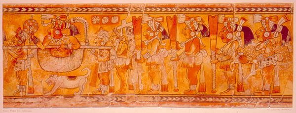 King bar et kuld med en hund, præster og vagter af Mayan