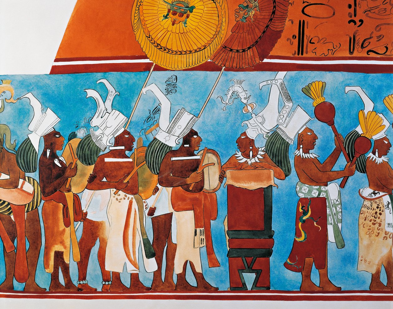 Rekonstruktion af Bonampak-freskoerne, der viser en procession af musikere (vægmaleri) af Mayan
