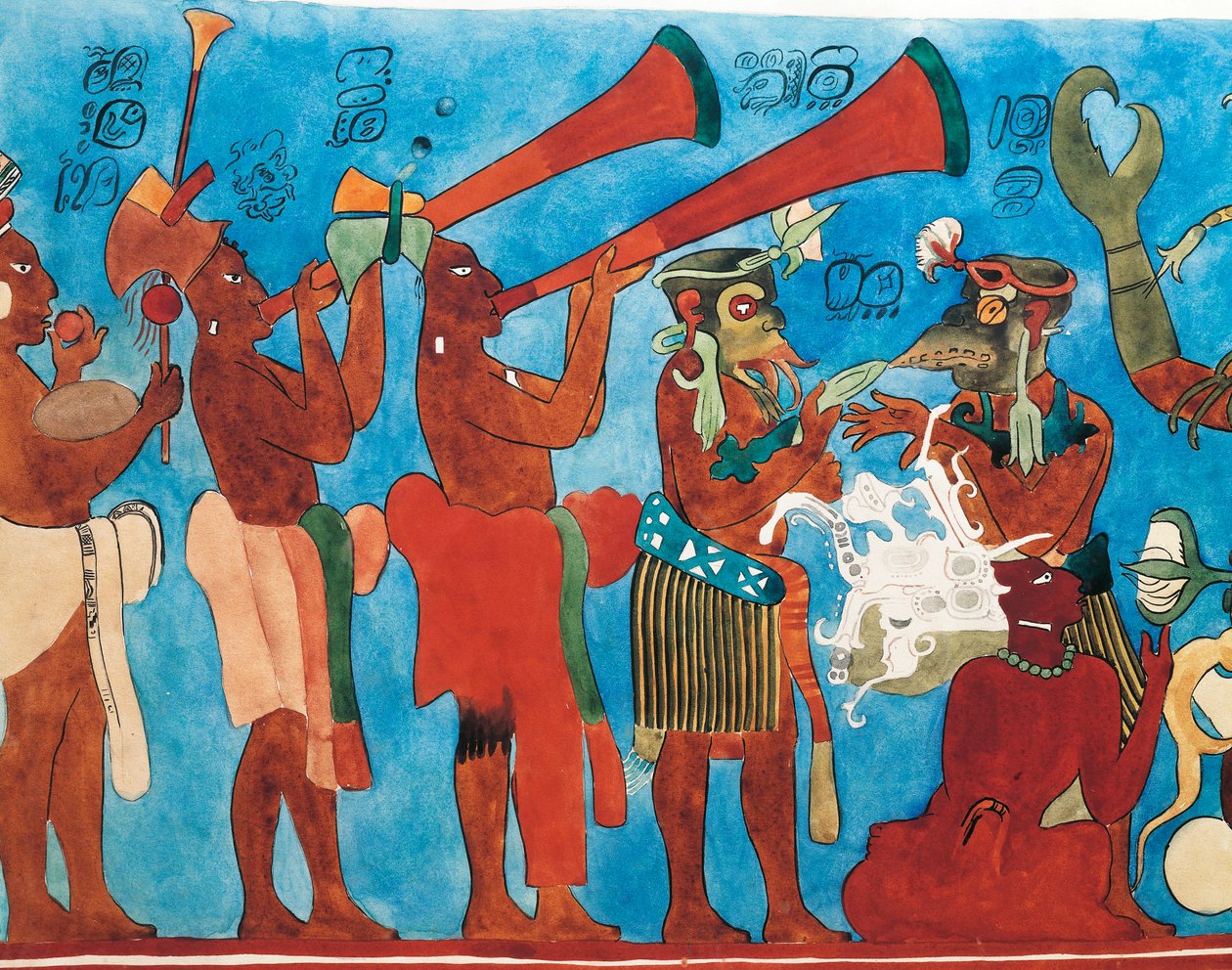 Gengivelse af Bonampak freskomalerier, detaljer med musikere fra Mexico, Chiapas, Bonampak (fresco) af Mayan