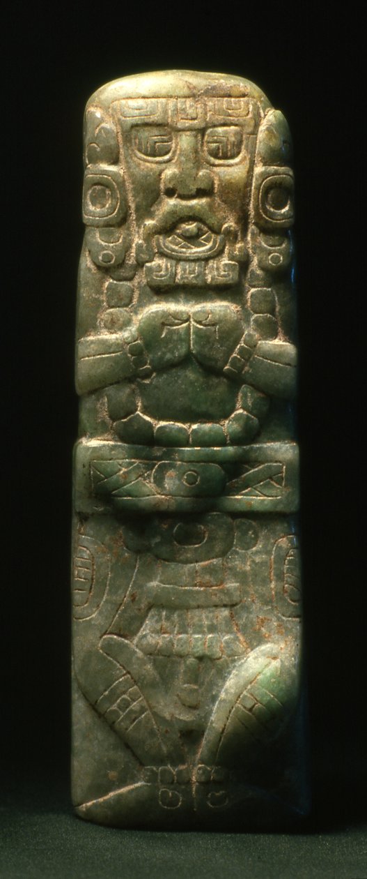 Statuette placeret i dedikation ned af Hieroglyphic Stairway, Copan, Late Classic Period (600-900) (jade) af Mayan