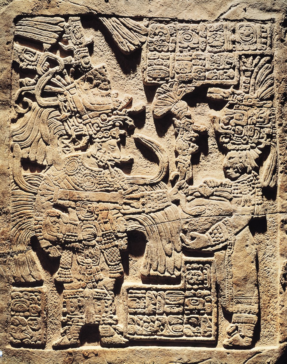 Stela, der forestiller en ypperstepræst og en kvinde, fra Yaxchilan af Mayan